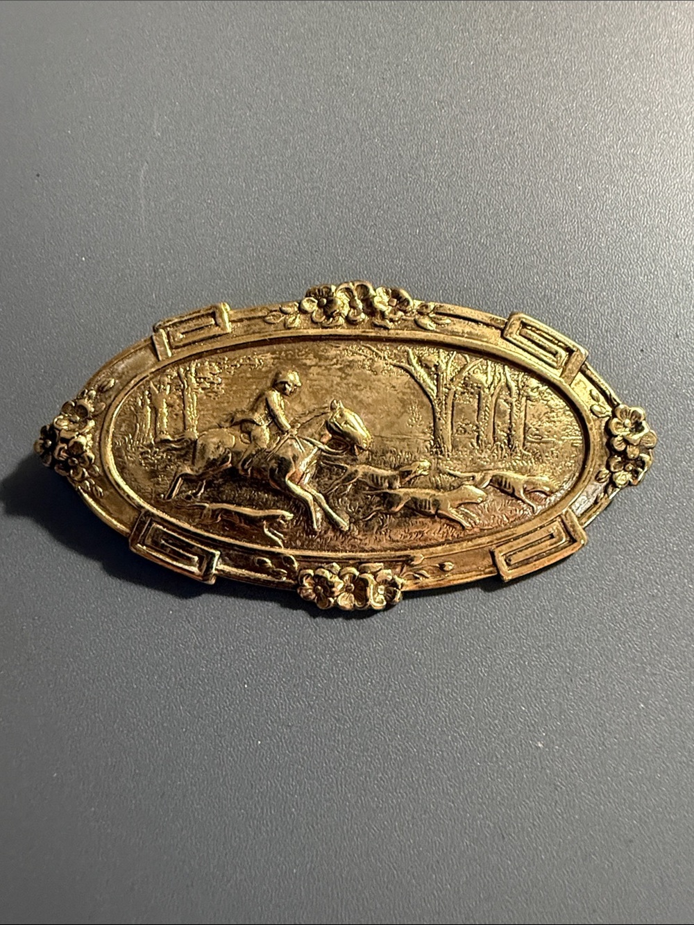Vintage Victorian Revival Repousse Equestrian Hunting Dogs Horse Brooch
